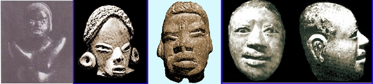 From the Wuthenau Collection: Large protruding lips, noses with wide-spread nostrils, lower-jaw prognathism, short tightly-coiled hair. These are not representations of Siberian migrants. These are Black indigenous or African voyagers. FAR LEFT: Pre-classic Period in America (circa 1800 BC — 150 AD). LEFT MIDDLE: Ceramic figure, 2 in. high, from Tlapacoyán, Mexico (circa 1000 BC), photo 1969. RIGHT MIDDLE: Ceramic head, 1.5 in. high from Tlatilco, Mexico (circa 1000 BC), photo 1965. FAR RIGHT: Ceramic sculpture of a man, frontal and lateral view, 2 1/3rd in. high, from La Venta area, Tabasco (circa 400 BC), photo 1975.