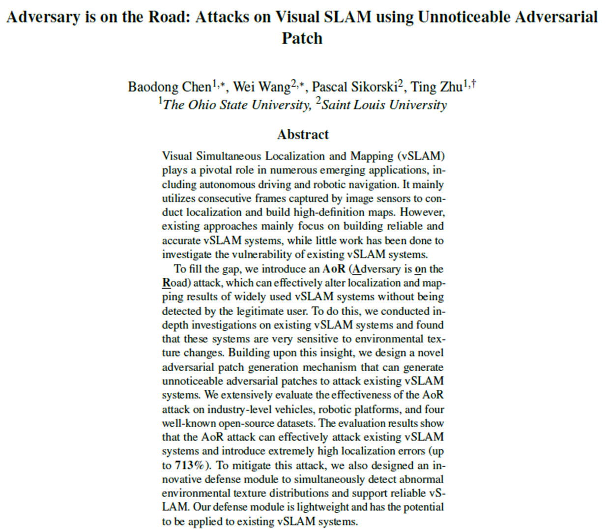 [Summary] Adversary is on the Road : Attacks on Visual SLAM using Unnoticeable Adversarial Patch