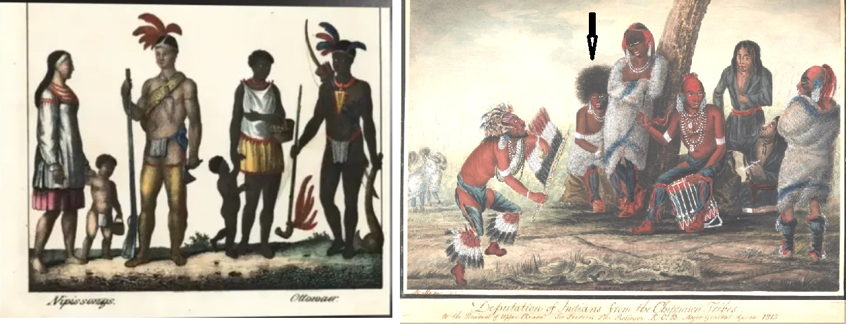 LEFT: “Costumes of Canadian natives: Nipissing and Ottowa people.” Hand-colored lithograph from Friedrich Wilhelm Goedsches’s Complete Gallery of Peoples in True Pictures, Meissen, circa 1835–1840. RIGHT: Deputation of Indians from the Chippewa Tribes to the President of Upper Canada, Sir Frederic Ph Robinson, KCB, Major General, etc., in 1815. By Rudolf Steiger (1815). National Gallery of Canada