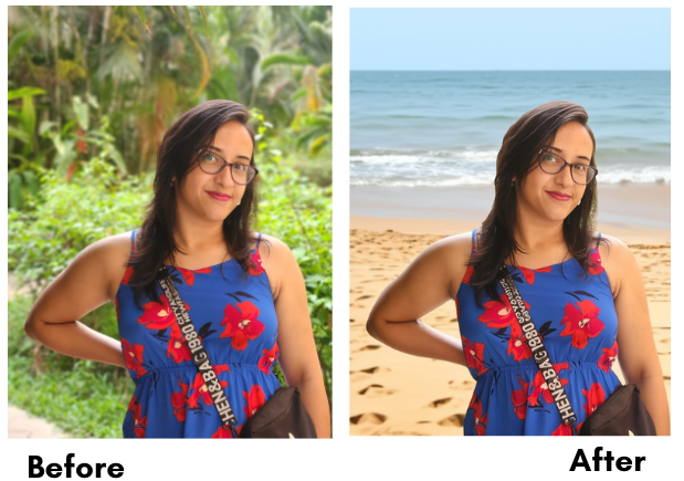 Woman edited from garden to beach