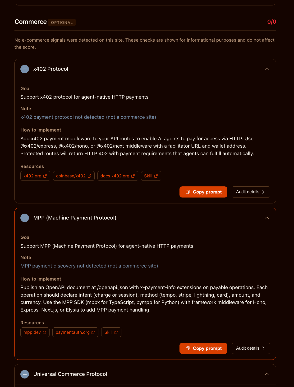 Commerce section for e-commerce site specific agent discoverability