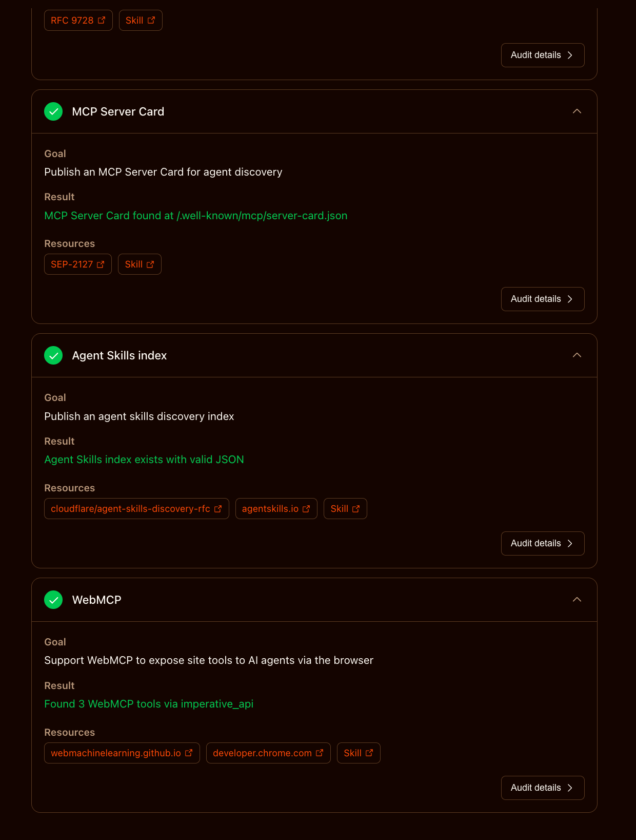 Additional agent discoverability: MCP server card, agent skills index, WebMCP tools exposed