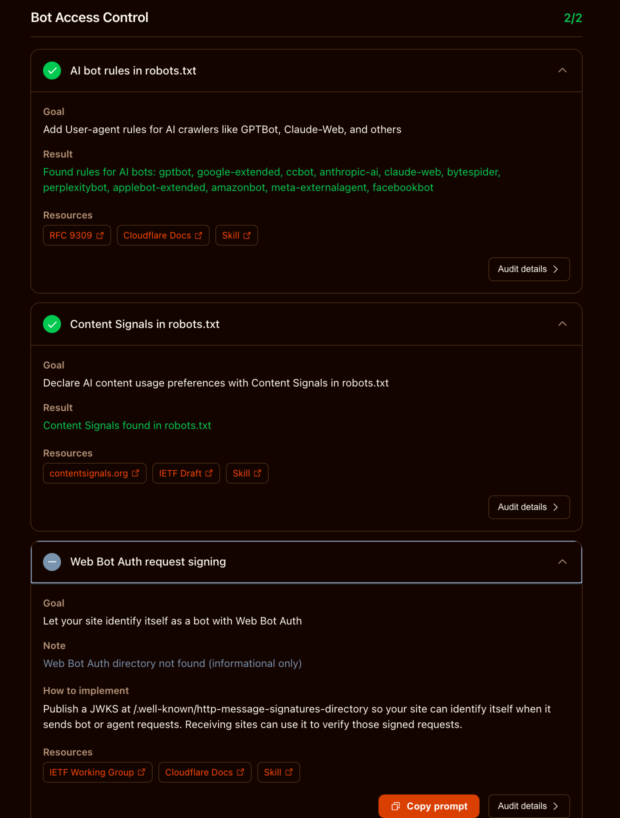 Bot access control section, showing AI bot rules and content signals in robots.txt