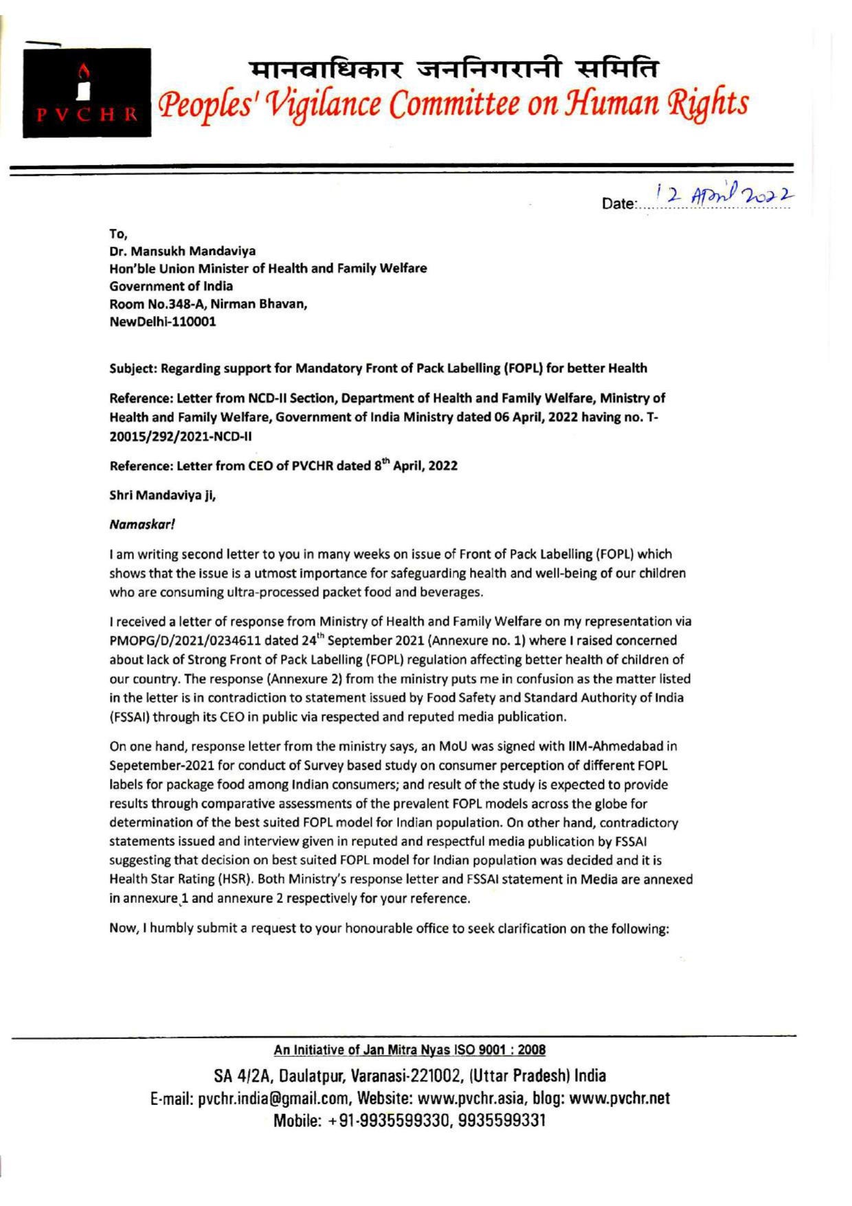 PVCHR APPEALS TO UNION HEALTH MINISTER FOR SWIFT ACTION ON MANDATORY FOPL FOR BETTER HEALTH of…