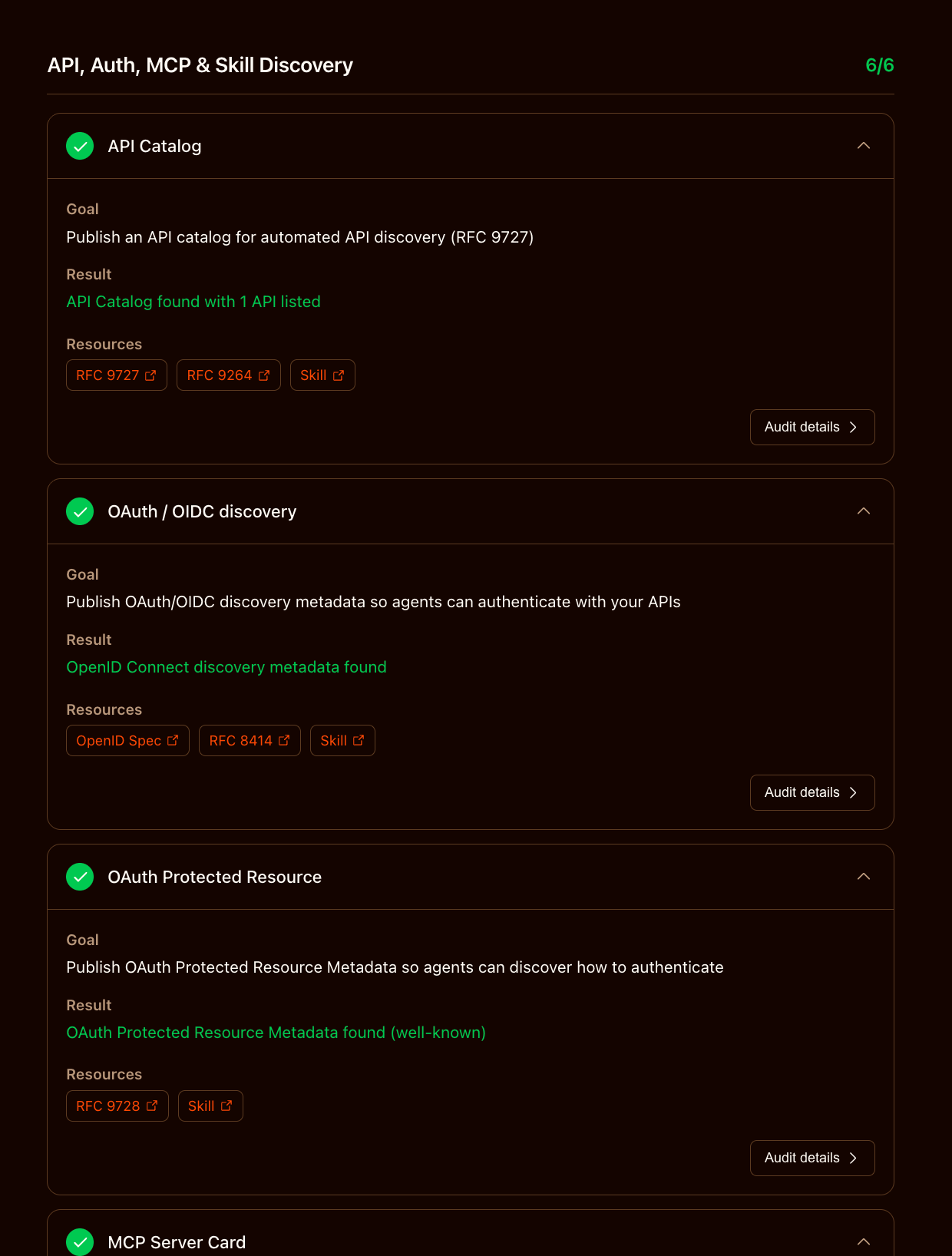 Agent discoverability section, showing APi and OAuth