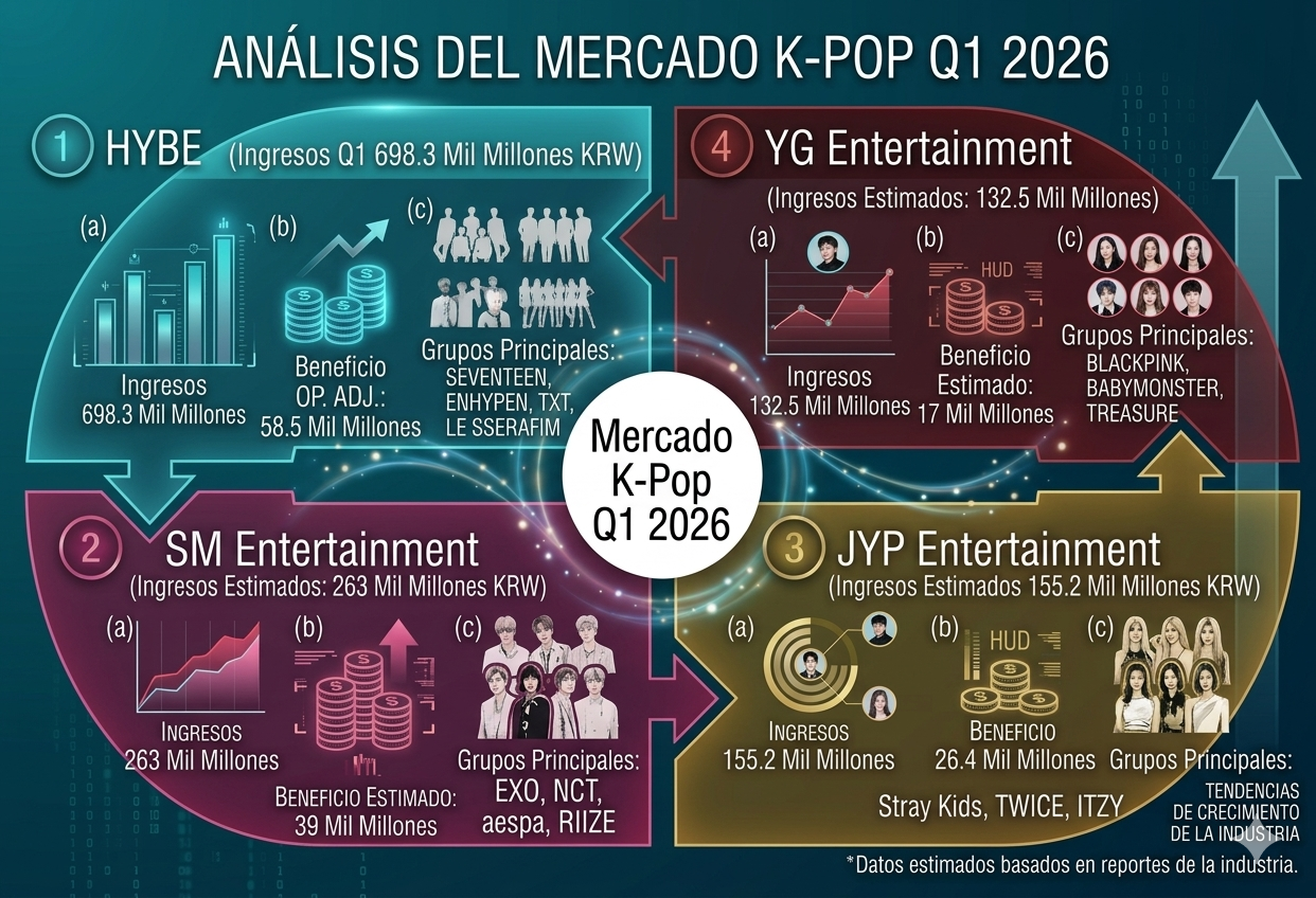 Big 4 del K-Pop en Q1 2026: HYBE, SM, JYP y YG comparados