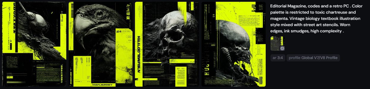 Editorial Magazine, codes and a retro PC . Color palette is restricted to toxic chartreuse and magenta. Vintage biology textbook illustration style mixed with street art stencils. Worn edges, ink smudges, high complexity . — ar 3:4 — sref 216595921 — profile jy37xvz — v 7
