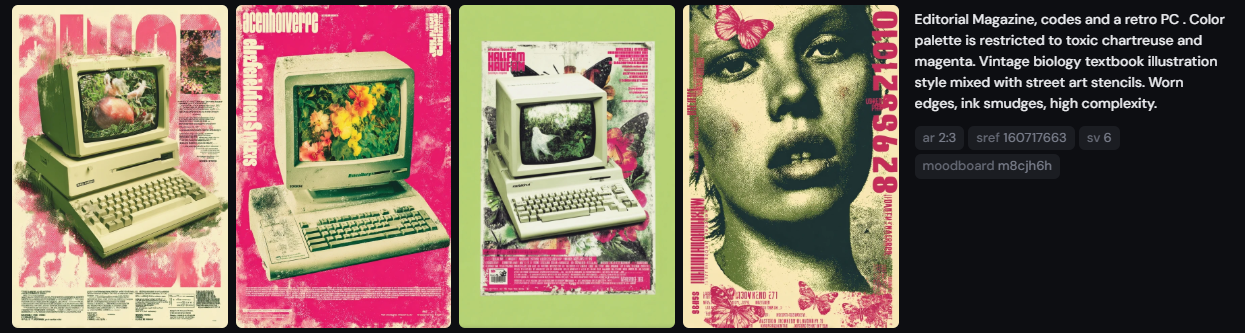 Prompt: Editorial Magazine , codes and a retro PC . Color palette is restricted to toxic chartreuse and magenta. Vintage biology textbook illustration style mixed with street art stencils. Worn edges, ink smudges, high complexity. — ar 2:3 — sref 160717663 — profile m8cjh6h — sv 6 — v 7