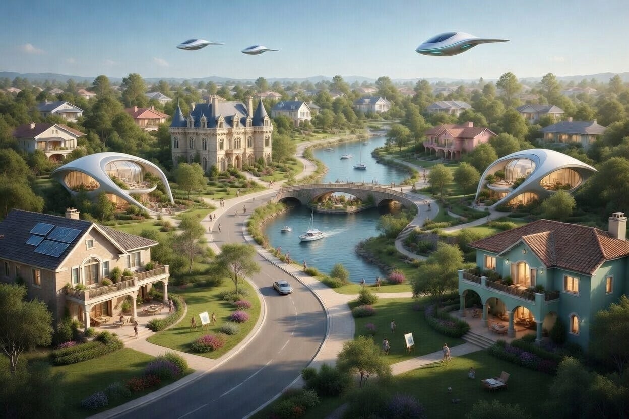 This photo represents a mixed-use block that integrates a community center, café, and children’s playground into a single, spacious environment. Constructed with advanced soundproofing materials and embedded with noise-free autonomous drones, vehicles, and boats, the design ensures seamless accessibility. This advanced ‘circulatory system’ — including a central waterway — keeps the town connected and lively without the friction of traditional urban noise.