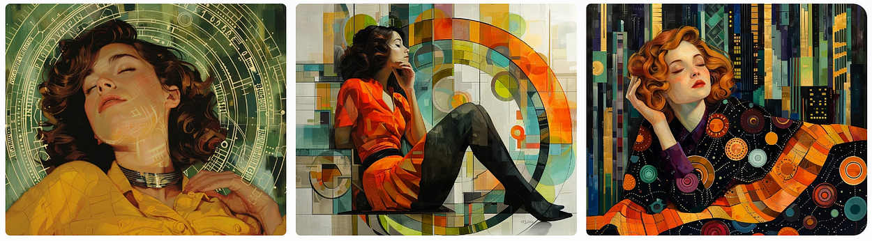 woman laying on a digital abstraction illustrated space, art deco futurist painting, AI generated image, created with Midjourney.