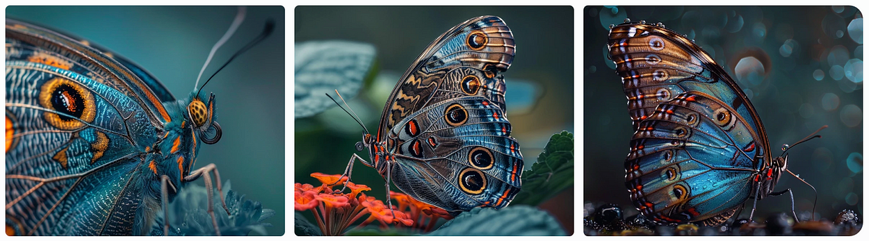 A very real macro photography image of a blue morphos butterfly, AI generated image, created with Midjourney.