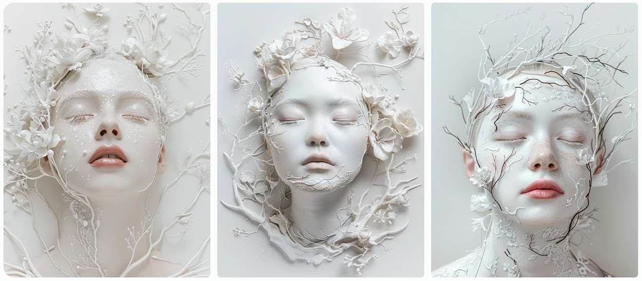 A portrait of a serene woman, made from glossy white porcelain, adorned with floral carvings and ink style branches, her eyes closed, AI generated image, created with Midjourney.