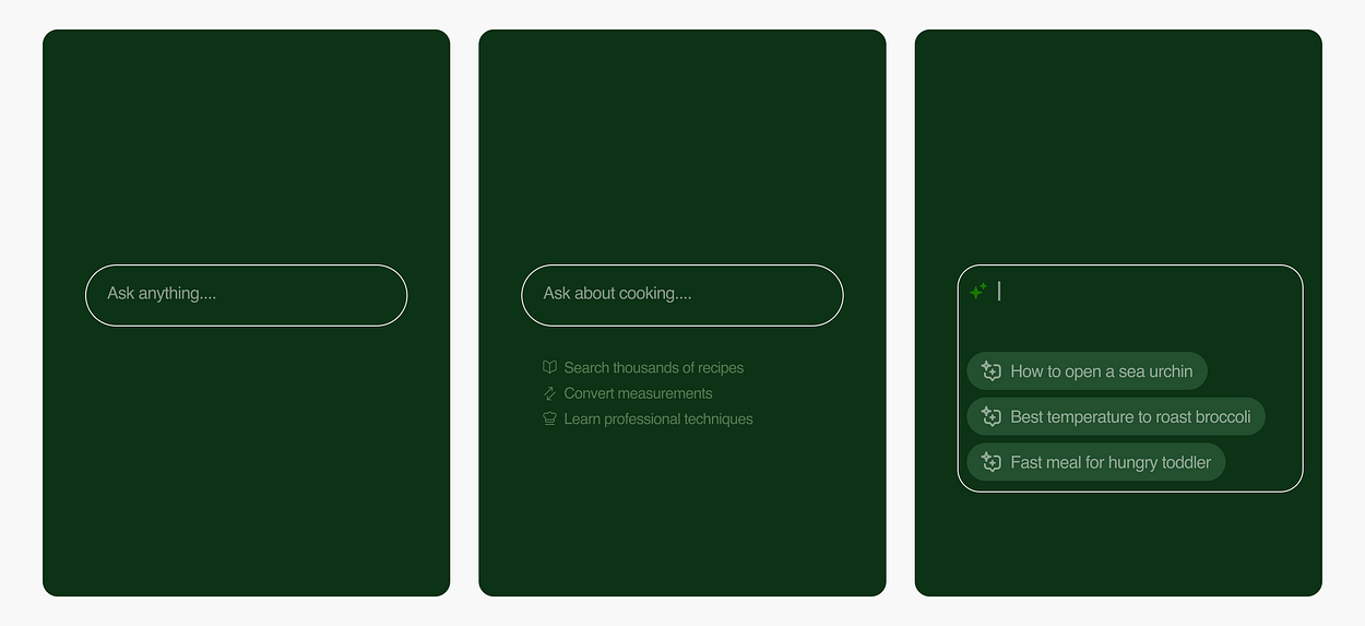 Três maneiras diferentes de exibir uma barra de pesquisa. Uma tela não apresenta sugestões, a outra lista tópicos e a terceira mostra consultas de pesquisa reais.