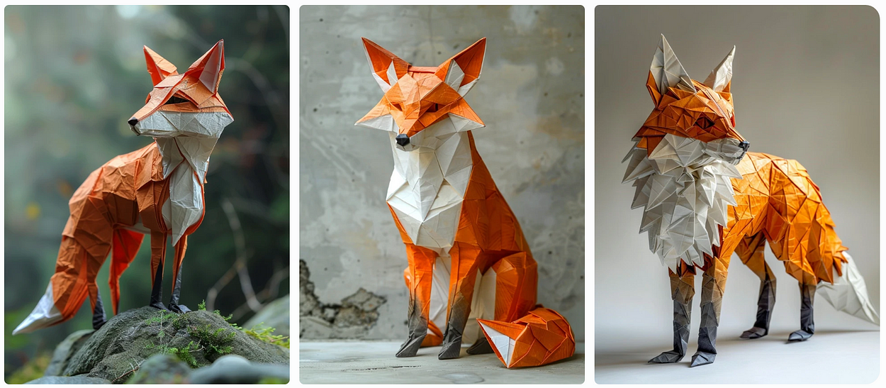 a fox made out of origami paper folding, AI generated image, created with Midjourney.