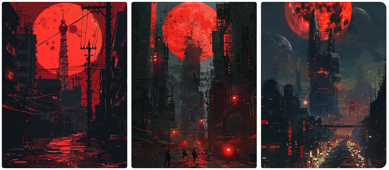 a cyberpunk city with a huge tower, red moon in the sky, night street, warm colors,AI generated image, created with Midjourney.