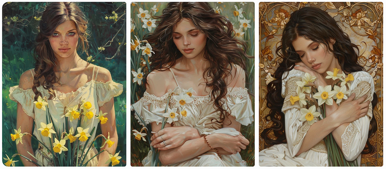 Painting of a beautiful woman, wearing a pure white summer dress, long, holding daffodils, Art Nouveau style, AI generated image, created with Midjourney.