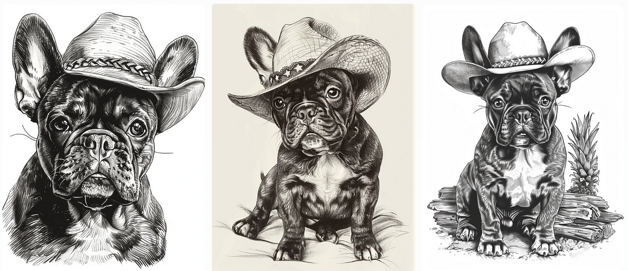 French bulldog with cowboy hat, retro ink drawing, white background, AI generated image, created with Midjourney.