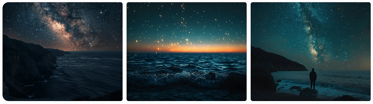 Film scene, stars and sea, full of details, epic, beautiful photographic style, AI generated image, created with Midjourney.
