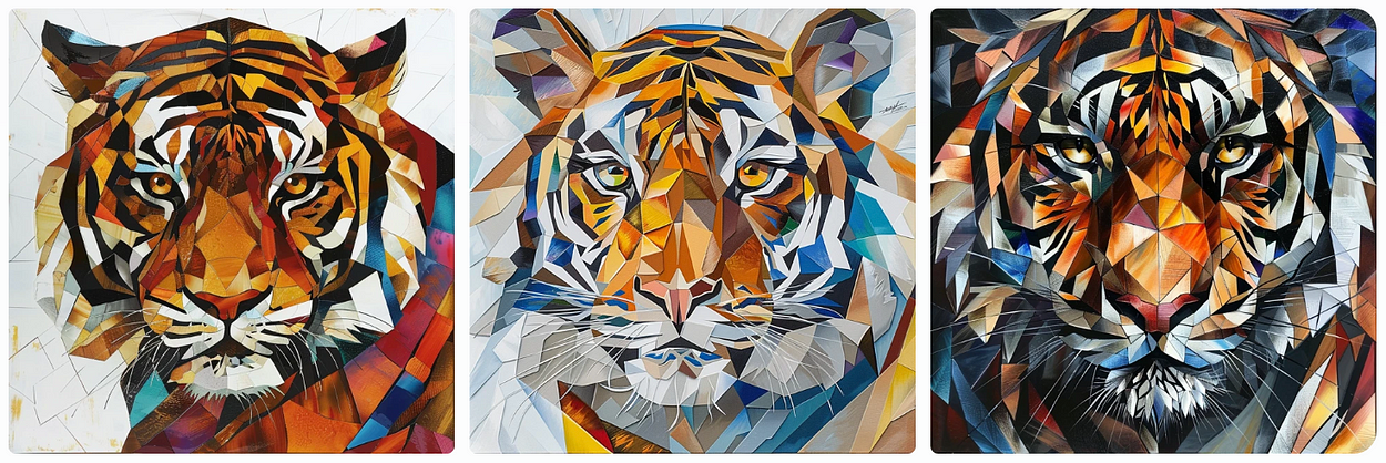 Cubism style tiger, white background, AI generated image, created with Midjourney.