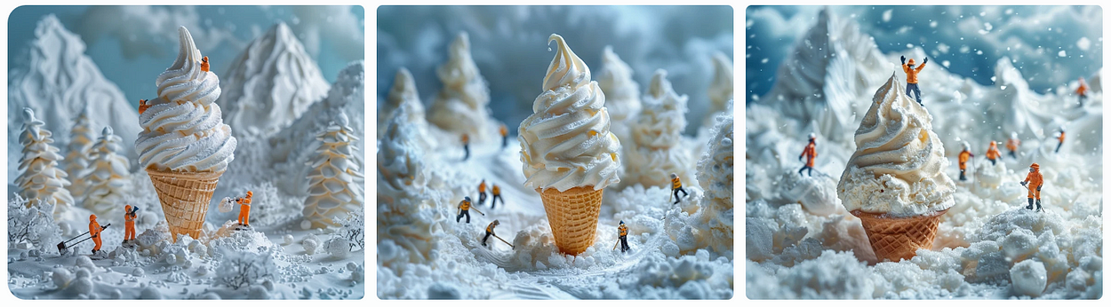 Miniature food photography, Scene photography, a giant ice cream in a cone, Little people walking in snow, workers wearing winter outfit trying to move multiple giant blocks of snow balls, AI generated image, created with Midjourney.