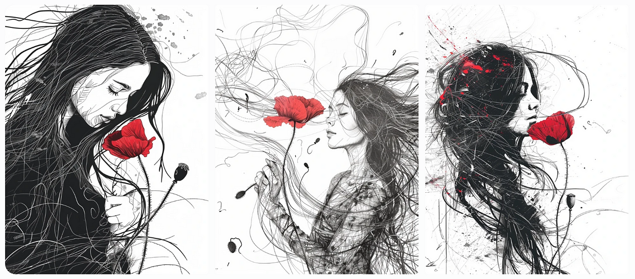 black and white digital art, long hair woman holding red poppy flower, white background, messy lines, drawing style, AI generated image, created with Midjourney.