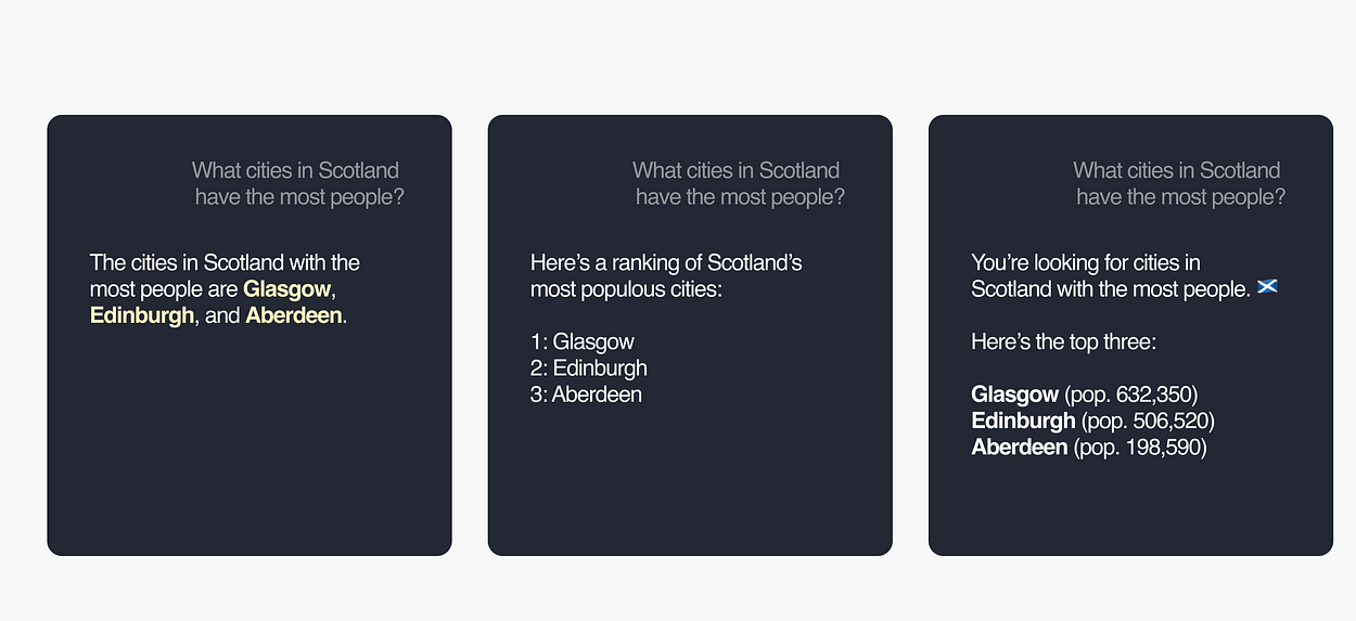 Três telas mostrando como cores, formatação e listas podem adicionar clareza à escrita.