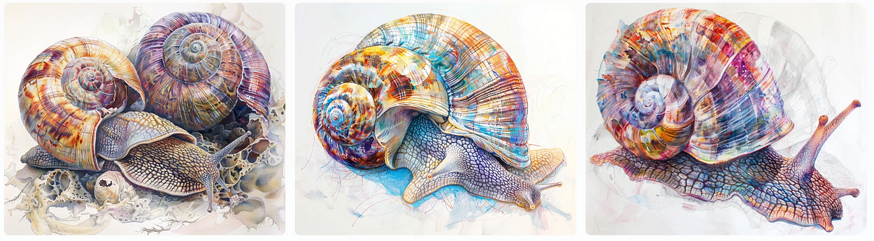 botanical naturalist study with big garden snails, shell cuts showing their interior, Impressionism style, technical drawing, collage surrealist mixed media, chalk and pastel drawing textured, AI generated image, created with Midjourney.