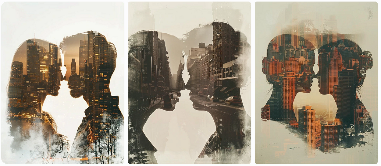 double exposure photograph of an urban landscape and the silhouette of lovers' heads merging into one, buildings form a face shape, surrealism, AI generated image, created with Midjourney.