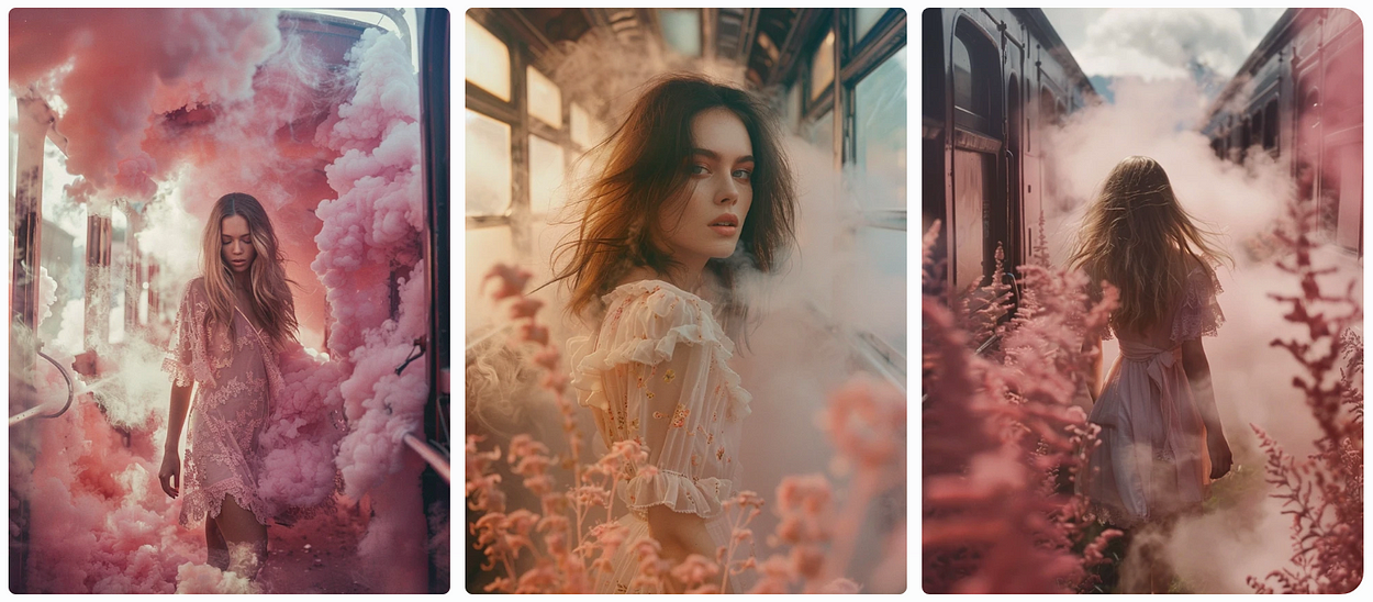 A model walking between trains, surrounded by light pink smoke, brown hair, soft edges and blurred details, whimsical floral scene, AI generated image, created with Midjourney.