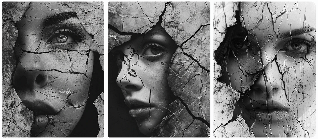 Black and white digital art, crosshatch shading techniques, mysterious woman with face made of large cracks, AI generated image, created with Midjourney.