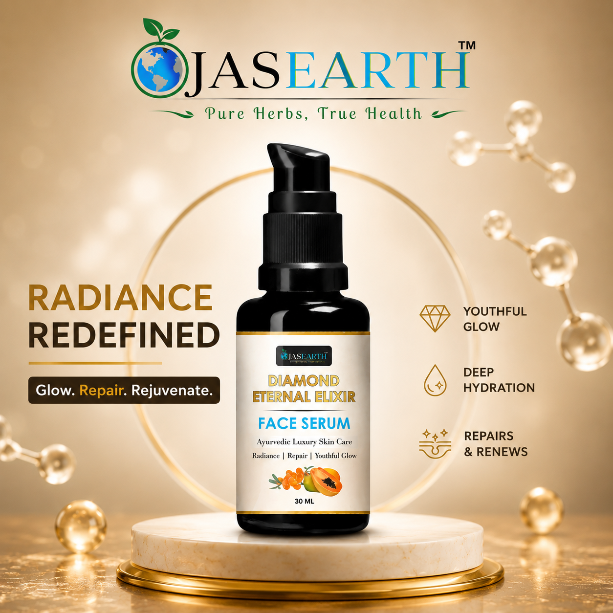 OJAS EARTH Diamond Eternal Elixir Face Serum — Luxury Ayurvedic Skincare for Radiant, Hydrated &…