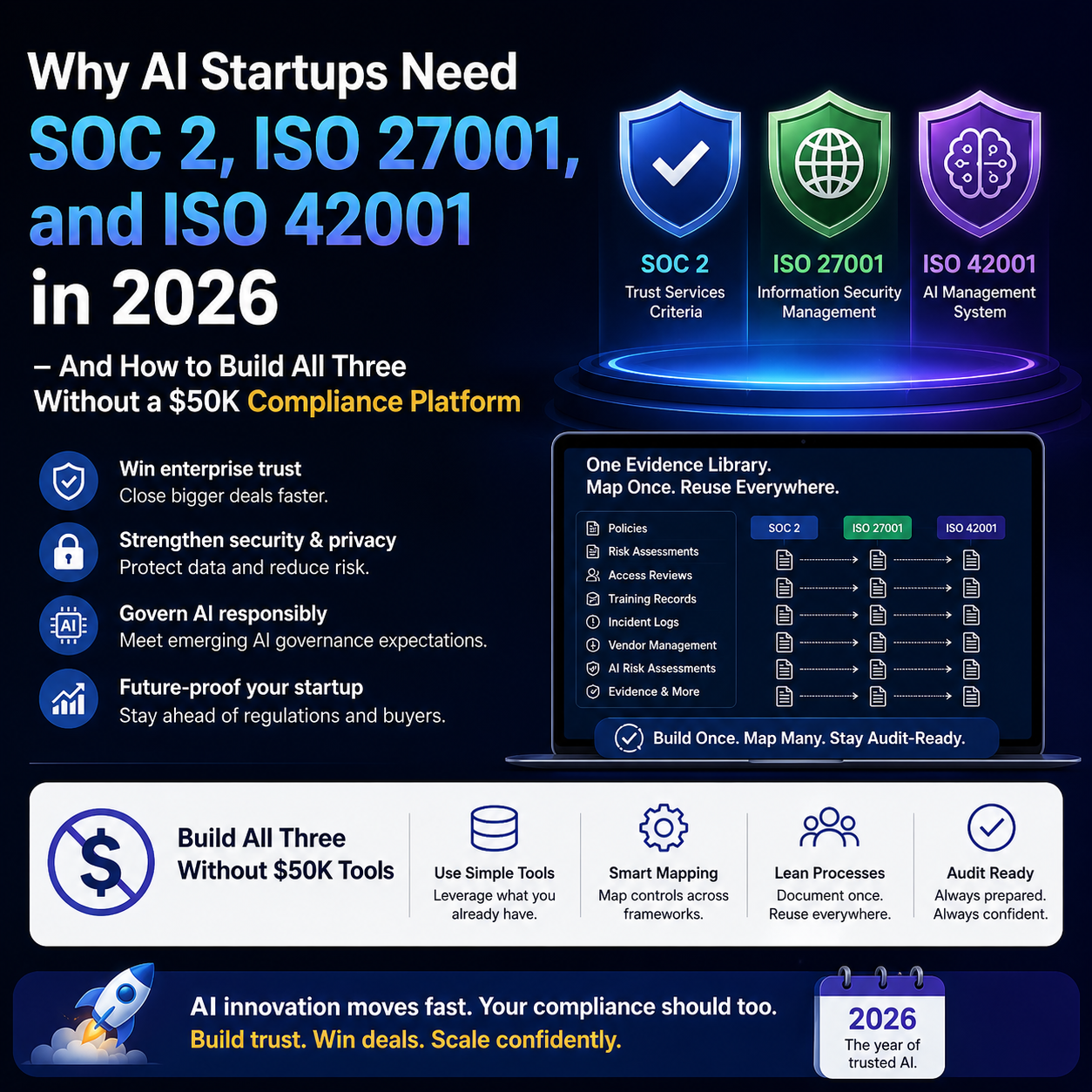 Why AI Startups Need SOC 2, ISO 27001, and ISO 42001 in 2026 — And How to Build All Three Without a…