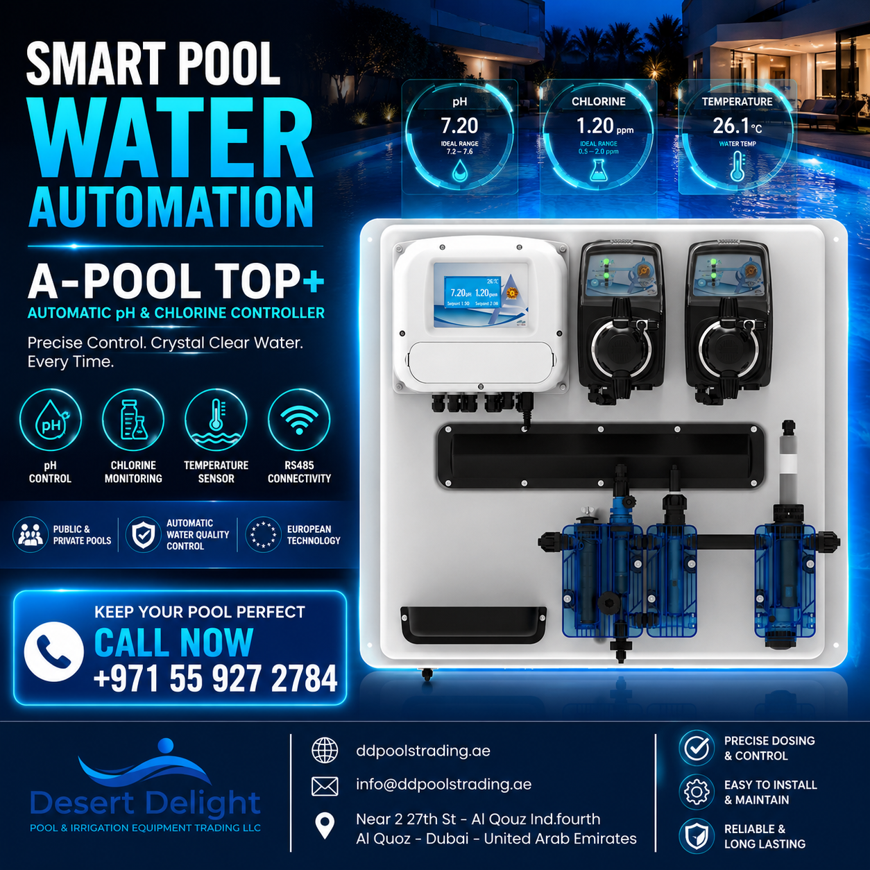 A-POOL TOP+ Automatic pH & Chlorine Controller — Smart Pool Water Management in Dubai, UAE
