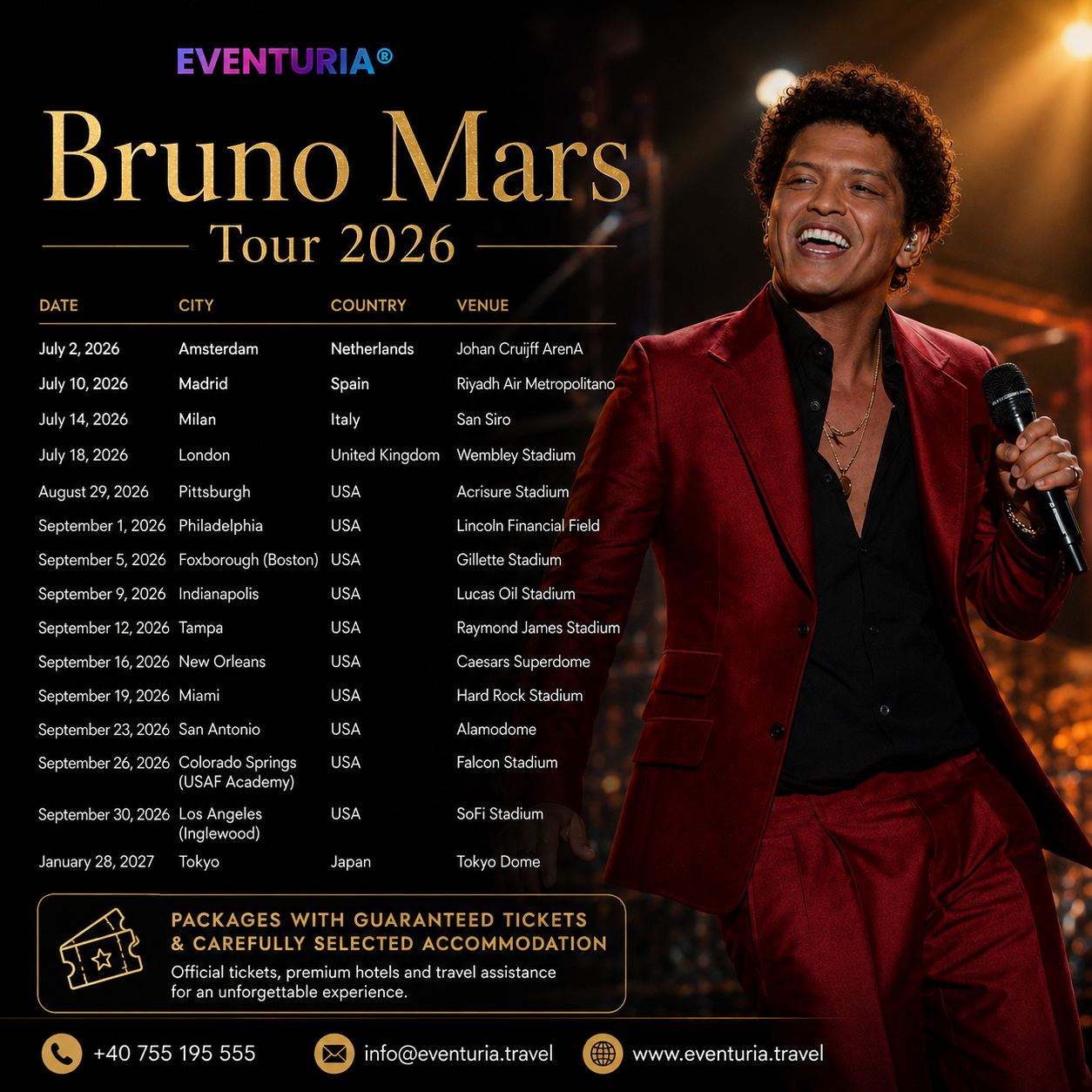 🎤 Bruno Mars Tour 2026–2027 | Official Tickets & Travel Packages