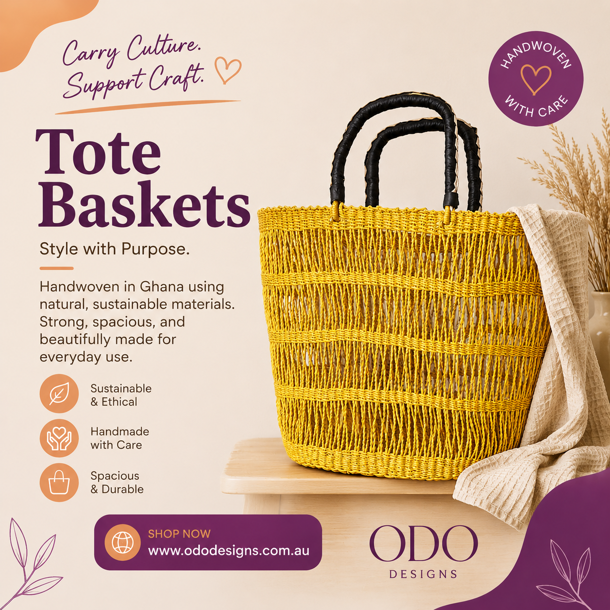 Tote Baskets Handmade in Ghana | Sustainable Shopping Bags | ODO Designs