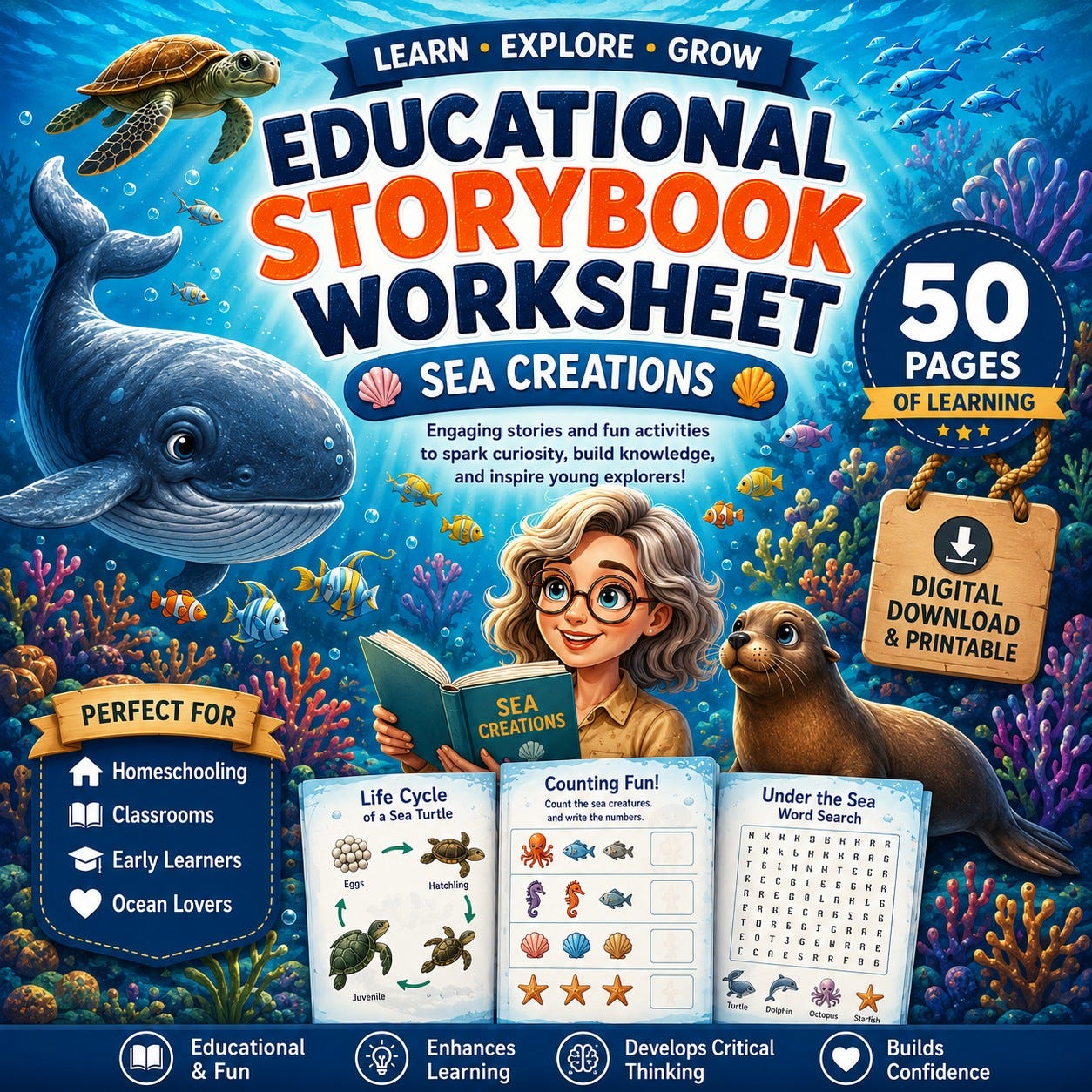 Sea Animals Educational Storybook Worksheet | Ocean Learning Activities for Kids | Printable…