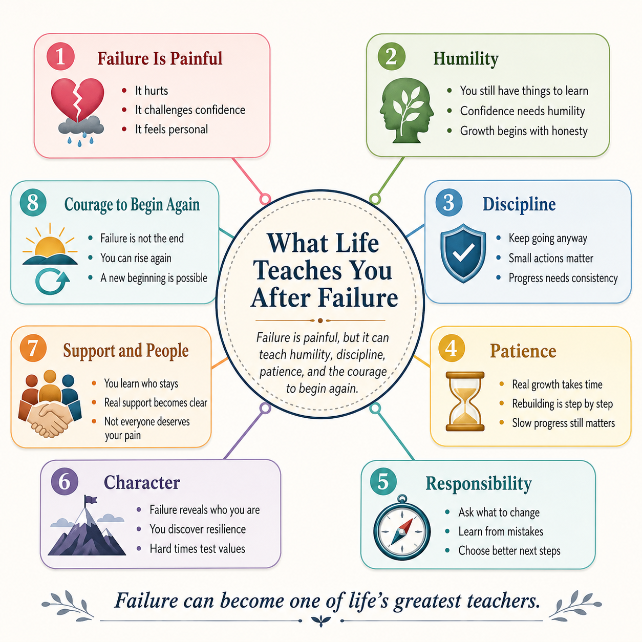 Failure is painful, but it can teach humility, discipline, patience, and the courage to begin again.