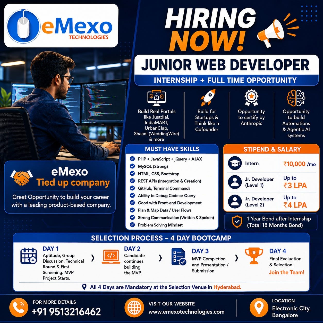 Junior Web Developer Internship and Full-Time Opportunity in Bangalore