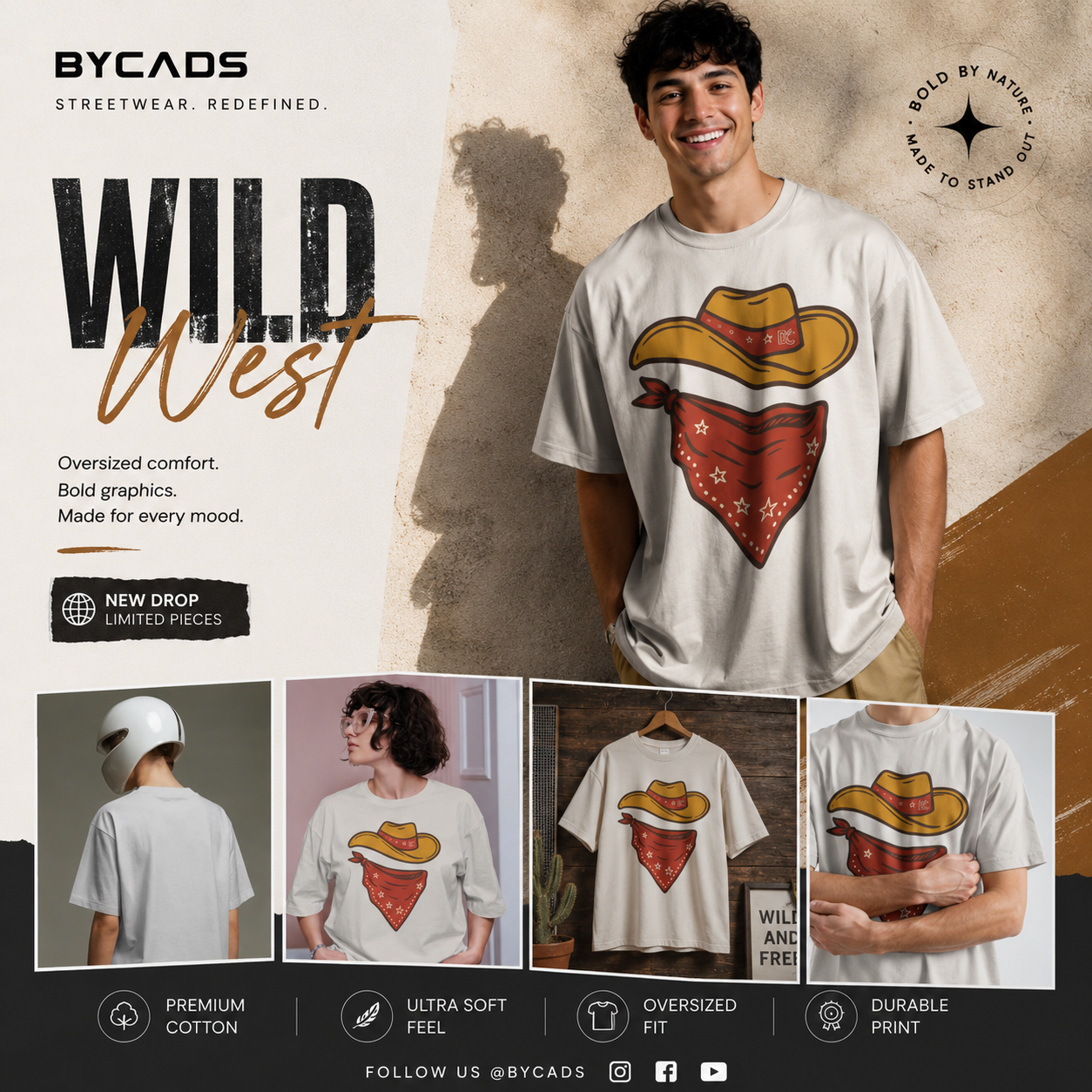 Vintage Cowboy Hat Graphic Oversized T-Shirt | Unisex Premium Streetwear Tee | BYCADS