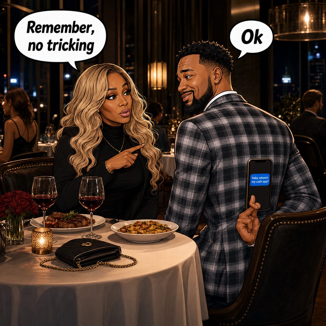 K. Michelle’s rules for cheating — Photo created by author using AI