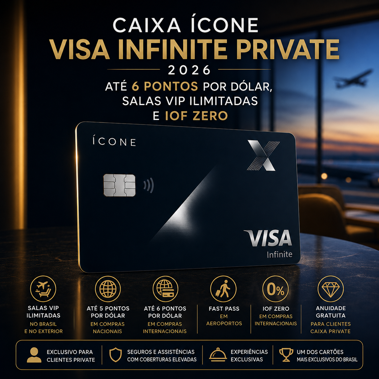 CAIXA Ícone Visa Infinite Private 2026: Até 6 Pontos por Dólar, Salas VIP Ilimitadas e IOF Zero