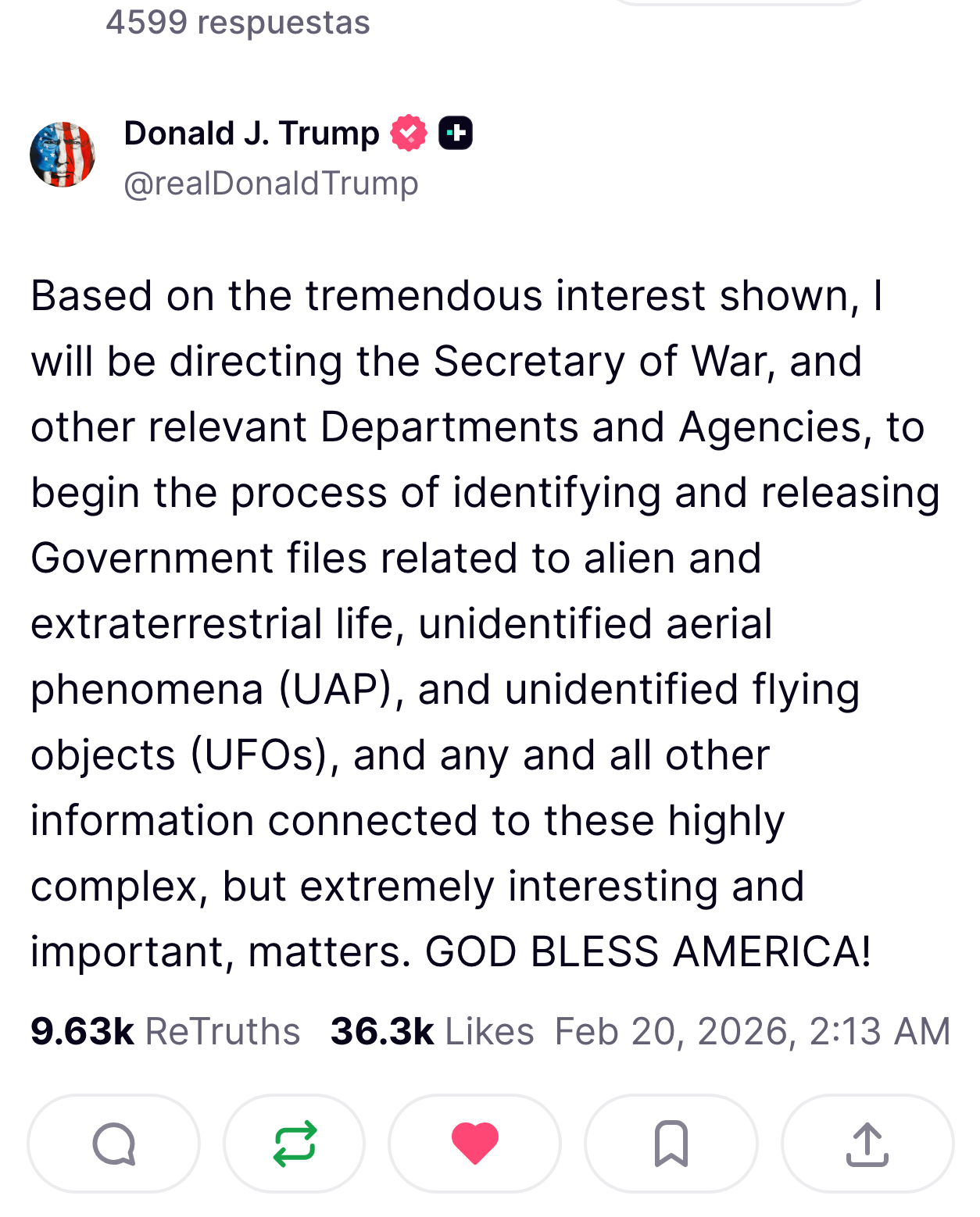 Trump ordena la desclasificación de archivos gubernamentales sobre UAPs