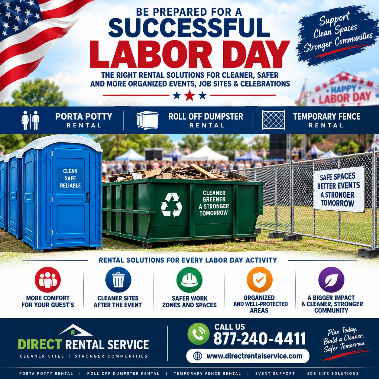 The Need for Porta Potty, Roll-Off Dumpster and Temporary Fence Rentals for Labor Day