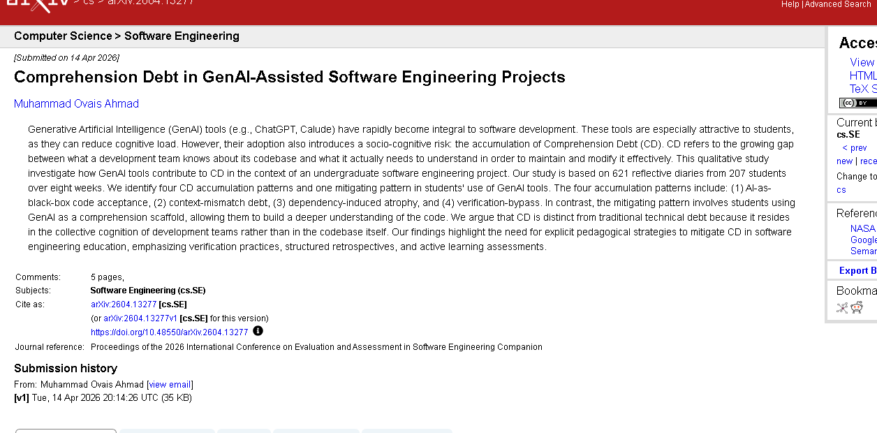 Figure 2. Proof of source-backed strategy: The cited source, Comprehension Debt in GenAI-Assisted Software Engineering Projects, gives the article a primary source readers can inspect. Source: Arxiv