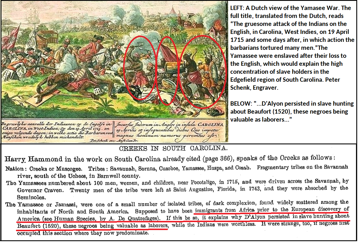LEFT: A Dutch view of the Yamasee War. The full title, translated from the Dutch, reads “The gruesome attack of the Indians on the English, in Carolina, West Indies, on 19 April 1715 and some days after, in which action the barbarians tortured many men.” Peter Schenk, Engraver. The Yamassee were enslaved after their loss to the English, which would explain the high concentration of slave holders in the Edgefield region of South Carolina. BOTTOM: “The Yamassee or Jamassi, were one of a small number of isolated tribes, of dark complexion, found widely scattered among the inhabitants of North and South America. Supposed to have been immigrants FROM AFRICA PRIOR TO THE EUROPEAN DISCOVERY OF AMERICA (see Human Species, by A. De Quatrefages). If this be so, it explains why D’Alyon PERSISTED IN SLAVE HUNTING ABOUT BEAUFORT (1520), THESE NEGROES BEING VALUABLE AS LABORERS, while the Indians were worthless. It were strange, too, if negroes first occupied this section where they now predominate.” Extra Census Bulletin: The Five Civilized Tribes in Indian Territory. US Census Office. Department of the Interior. 1894. In 1521, an expedition Lucas Vázquez de Ayllón sponsored under Francisco Gordillo landed near Cape Fear/the Lowcountry, where they kidnapped roughly 70 Native Americans to sell into slavery in Hispaniola. From the pictured excerpt, we see the Spanish were actively hunting for dark-complexioned indigenous populations to enslave in the southeastern region of North America as far back as the 1520s. In 1894, Hammond speculates that the “negroes” of South Carolina were indigenous because of D’Alyon’s 1520s slave-hunting.