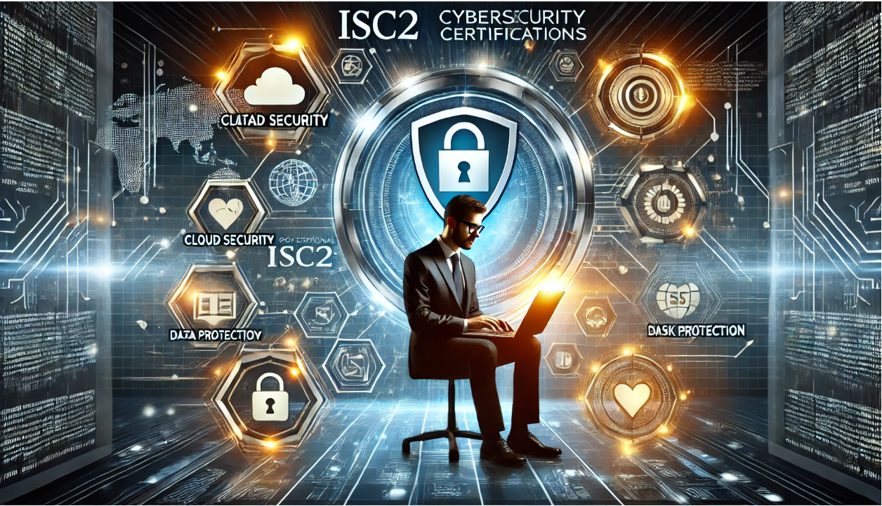 Professional representation of ISC2 cybersecurity certifications featuring a digital security shield, a professional working on a laptop surrounded by cybersecurity-related icons such as cloud security, data protection, and risk management