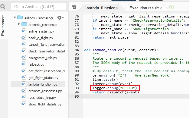 Modifying the lambda_function.py to include a debug message and then running a test event to ensure its working.