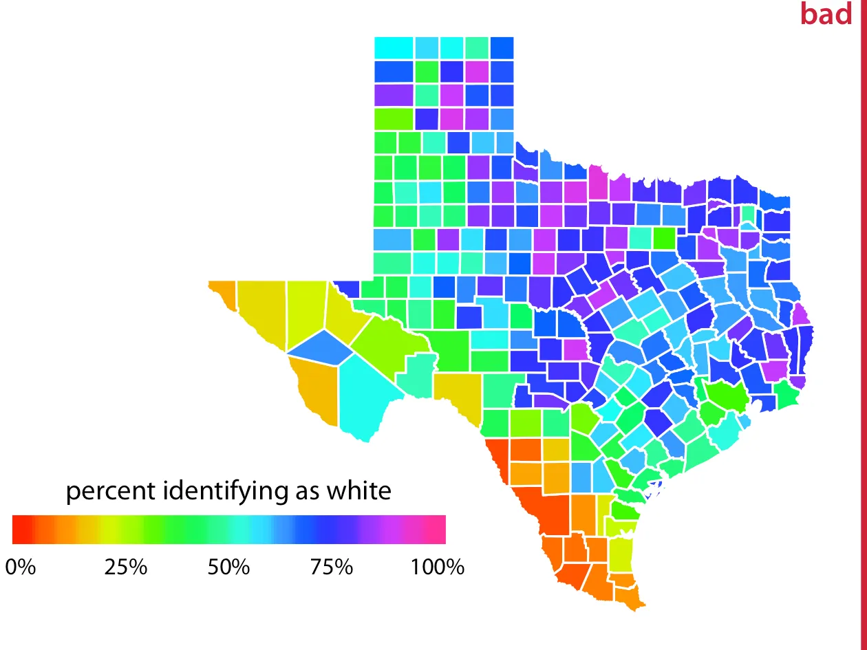 Claus Wilke’s graph visualizing the percentage of people identifying as white in Texas. Utilizes a color scale. (Wilke, 2018)