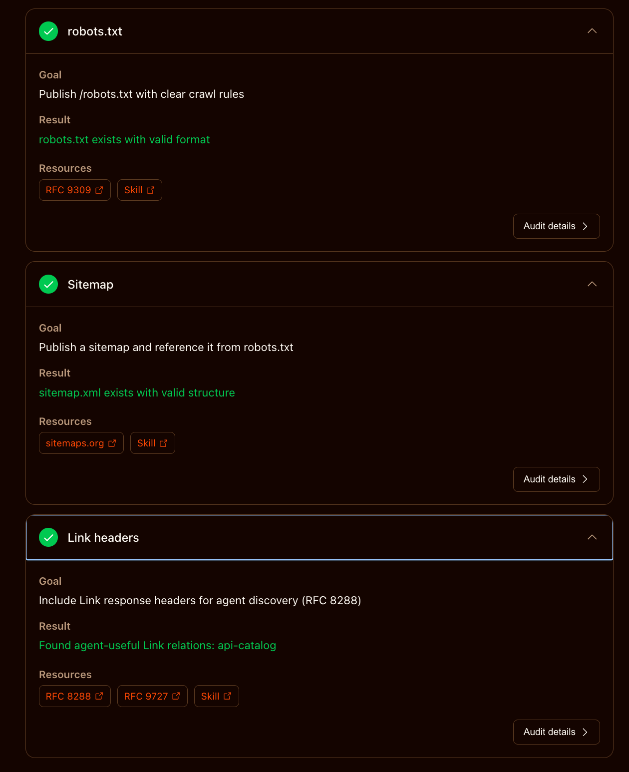 Discoverability section, post-fixes. Shows robots.txt, Sitemap, and Link Header requirements