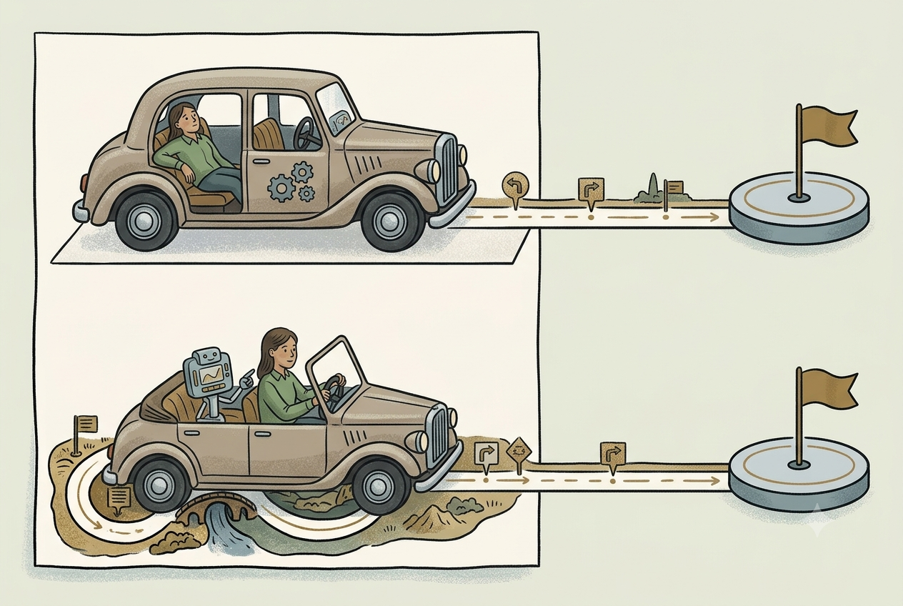 The same AI can complete the journey for us or help us learn the route. The difference lies in which role we allow it to play — Image generated by the author using Google Gemini